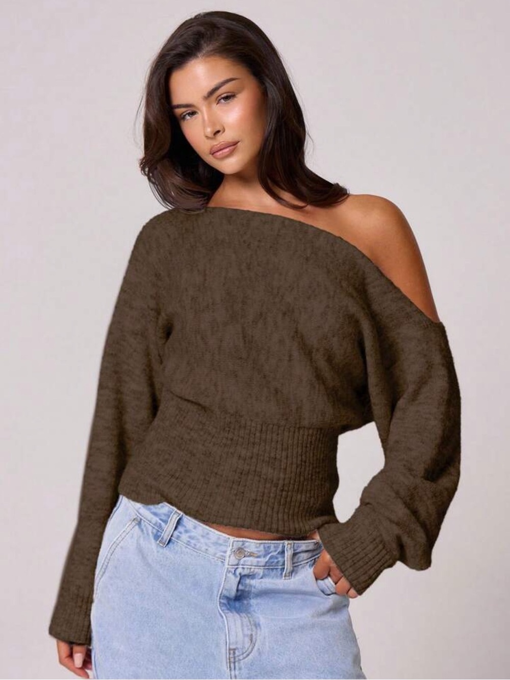 Musera Off‑Shoulder Chocolate Brown Ribbed Tight Waist Sweater